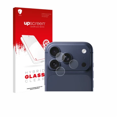 Face avant d’un emballage produit avec le logo de la marque upscreen. À côté, l’appareil Apple iPhone 17 Pro (Caméra UNIQUEMEN