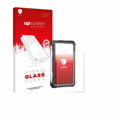Face avant d’un emballage produit avec le logo de la marque upscreen. À côté, l’appareil Apple iPad Mini 7 2024 (case-friendly