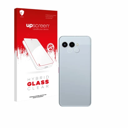Face avant d’un emballage produit avec le logo de la marque upscreen. À côté, l’appareil Telekom T Phone 3 (Caméra UNIQUEMENT)
