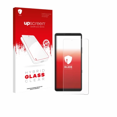 Face avant d’un emballage produit avec le logo de la marque upscreen. À côté, l’appareil Sony Xperia 10 VII est représenté ave