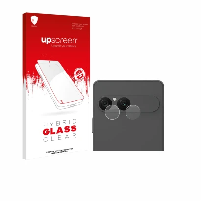Face avant d’un emballage produit avec le logo de la marque upscreen. À côté, l’appareil Sony Xperia 10 VII (Caméra UNIQUEMENT