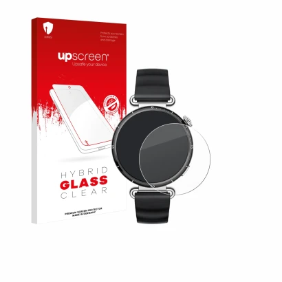 Face avant d’un emballage produit avec le logo de la marque upscreen. À côté, l’appareil Huawei Watch GT 6 (41 mm) est représe