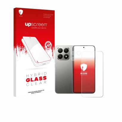 Face avant d’un emballage produit avec le logo de la marque upscreen. À côté, l’appareil Xiaomi 15T (Avant+Caméra) est représe