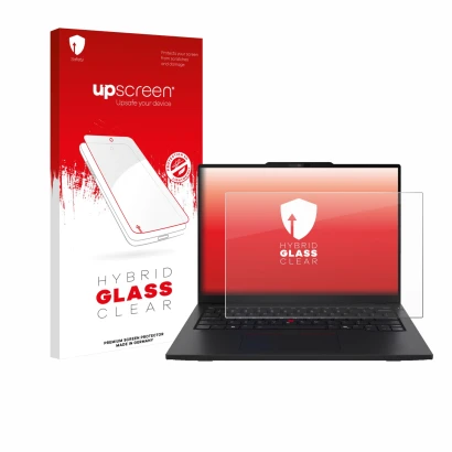 Face avant d’un emballage produit avec le logo de la marque upscreen. À côté, l’appareil Lenovo ThinkPad L13 Gen 6 est représe