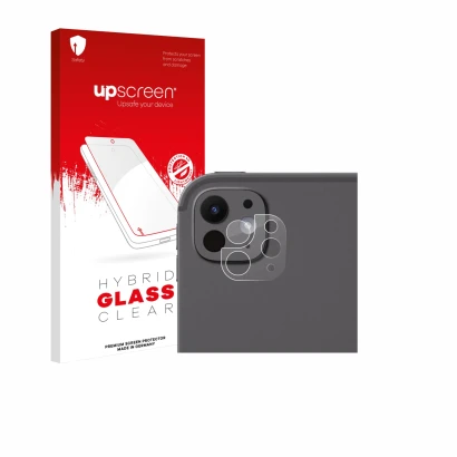 Face avant d’un emballage produit avec le logo de la marque upscreen. À côté, l’appareil Apple iPad Pro 11" 2025 (Caméra UNIQU