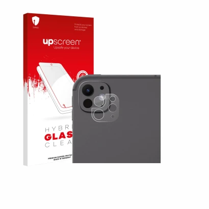 Face avant d’un emballage produit avec le logo de la marque upscreen. À côté, l’appareil Apple iPad Pro 13" 2025 (Caméra UNIQU