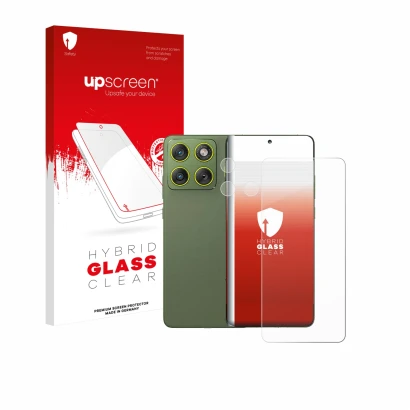 Face avant d’un emballage produit avec le logo de la marque upscreen. À côté, l’appareil Motorola Edge 70 (Avant+Caméra) est r