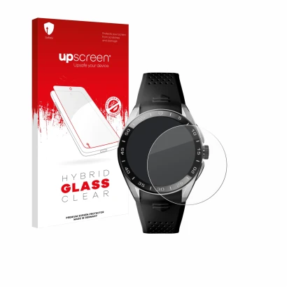Face avant d’un emballage produit avec le logo de la marque upscreen. À côté, l’appareil TAG Heuer Connected Calibre E5 (45 mm
