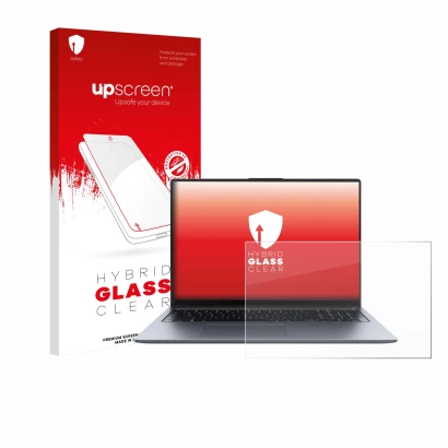Face avant d’un emballage produit avec le logo de la marque upscreen. À côté, l’appareil Huawei MateBook D 16 2024 est représe