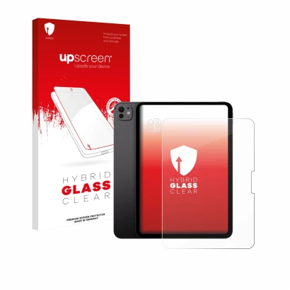 Face avant d’un emballage produit avec le logo de la marque upscreen. À côté, l’appareil Apple iPad Pro 11" 2025 (Avant+Caméra