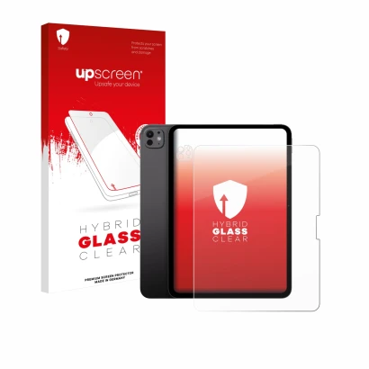 Face avant d’un emballage produit avec le logo de la marque upscreen. À côté, l’appareil Apple iPad Pro 13" 2024 (Avant+Caméra