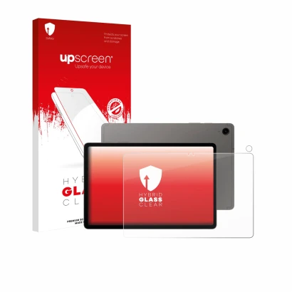 Face avant d’un emballage produit avec le logo de la marque upscreen. À côté, l’appareil Samsung Galaxy Tab S9 FE (Avant+Camér