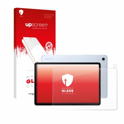 Face avant d’un emballage produit avec le logo de la marque upscreen. À côté, l’appareil Samsung Galaxy Tab S10 FE (Avant+Camé