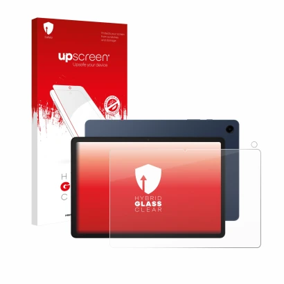 Face avant d’un emballage produit avec le logo de la marque upscreen. À côté, l’appareil Samsung Galaxy Tab A9 Plus (Avant+Cam