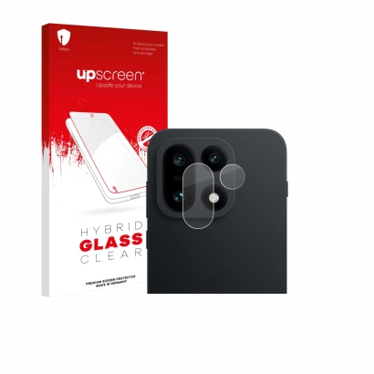 Face avant d’un emballage produit avec le logo de la marque upscreen. À côté, l’appareil OnePlus 15 (Caméra UNIQUEMENT) est re