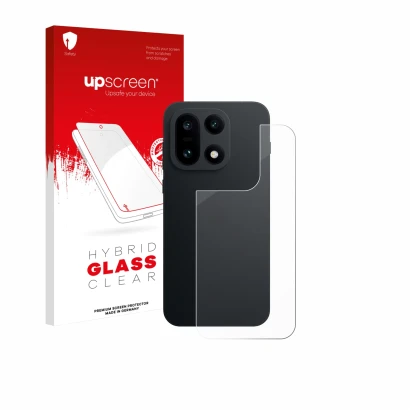 Face avant d’un emballage produit avec le logo de la marque upscreen. À côté, l’appareil OnePlus 15 (Arrière) est représenté a