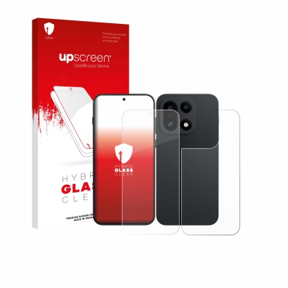 Face avant d’un emballage produit avec le logo de la marque upscreen. À côté, l’appareil OnePlus 15 (Avant+Arrière) est représ