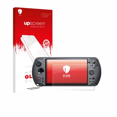 Face avant d’un emballage produit avec le logo de la marque upscreen. À côté, l’appareil GPD Win 5 est représenté avec la prot