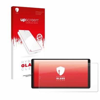 Face avant d’un emballage produit avec le logo de la marque upscreen. À côté, l’appareil Shelly Wall Display X2i est représent