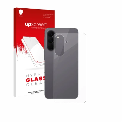Face avant d’un emballage produit avec le logo de la marque upscreen. À côté, l’appareil Samsung Galaxy A57 5G (Arrière) est r