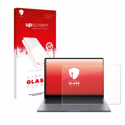Face avant d’un emballage produit avec le logo de la marque upscreen. À côté, l’appareil Samsung Galaxy Book6 Ultra 16" est re