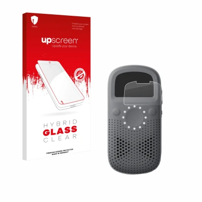 Face avant d’un emballage produit avec le logo de la marque upscreen. À côté, l’appareil Relay X est représenté avec la protec