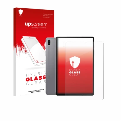 Face avant d’un emballage produit avec le logo de la marque upscreen. À côté, l’appareil Samsung Galaxy Tab S6 2020 (Avant+Cam