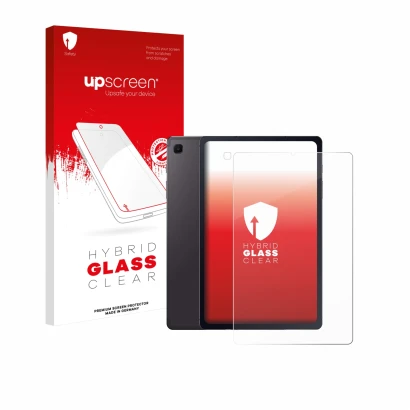 Face avant d’un emballage produit avec le logo de la marque upscreen. À côté, l’appareil Samsung Galaxy Tab S6 Lite 2020 (Avan
