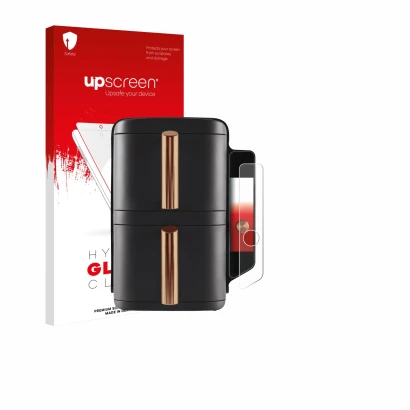 Face avant d’un emballage produit avec le logo de la marque upscreen. À côté, l’appareil Ninja Double Stack XL sl400eu est rep