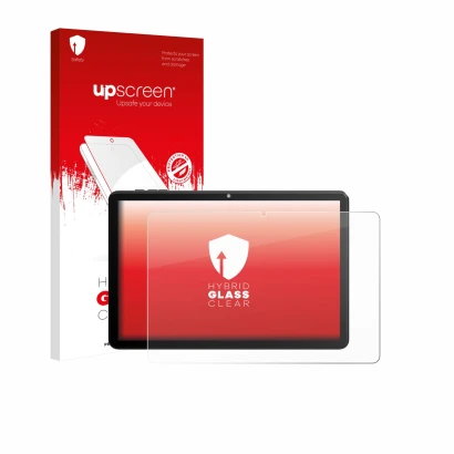 Face avant d’un emballage produit avec le logo de la marque upscreen. À côté, l’appareil Rebecco Z50 10.1