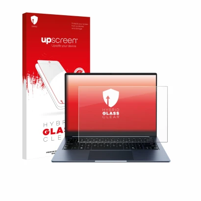 Face avant d’un emballage produit avec le logo de la marque upscreen. À côté, l’appareil Chuwi CoreBook Air 14" est représenté
