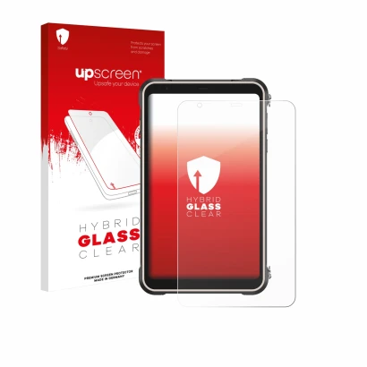 Face avant d’un emballage produit avec le logo de la marque upscreen. À côté, l’appareil Ulefone RugKing Pad Pro est représent
