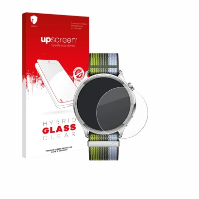 Face avant d’un emballage produit avec le logo de la marque upscreen. À côté, l’appareil Oppo Watch S est représenté avec la p