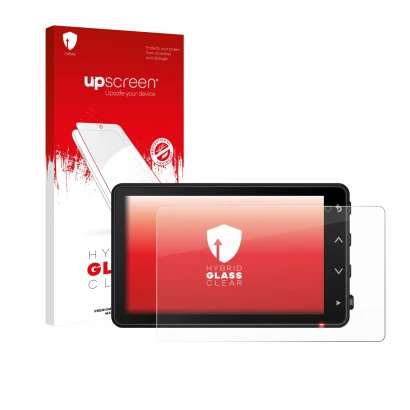 Face avant d’un emballage produit avec le logo de la marque upscreen. À côté, l’appareil Garmin Catalyst 2 est représenté avec