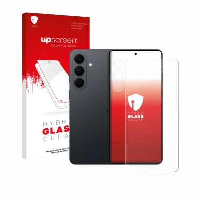 Face avant d’un emballage produit avec le logo de la marque upscreen. À côté, l’appareil Samsung Galaxy S26 Plus (Avant+Caméra