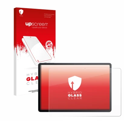 Face avant d’un emballage produit avec le logo de la marque upscreen. À côté, l’appareil TCL Tab A1 Plus est représenté avec l