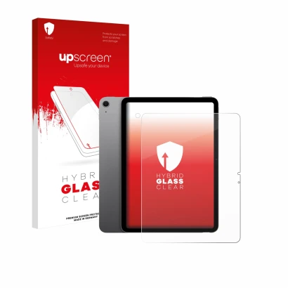 Face avant d’un emballage produit avec le logo de la marque upscreen. À côté, l’appareil Apple iPad Air 13" M4 2026 (Avant+Cam