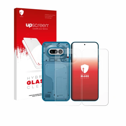 Face avant d’un emballage produit avec le logo de la marque upscreen. À côté, l’appareil Nothing Phone (4a) (Avant+Arrière) es