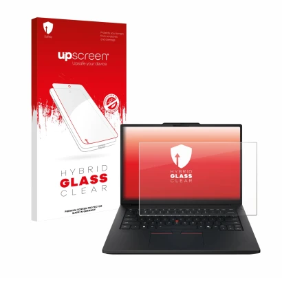 Face avant d’un emballage produit avec le logo de la marque upscreen. À côté, l’appareil Lenovo ThinkPad P14s Gen 7 14" est re