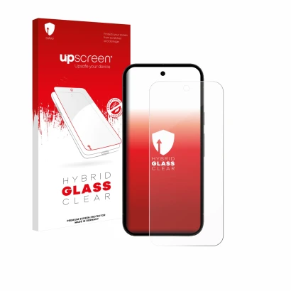 Face avant d’un emballage produit avec le logo de la marque upscreen. À côté, l’appareil Google Pixel 10a (case-friendly) est