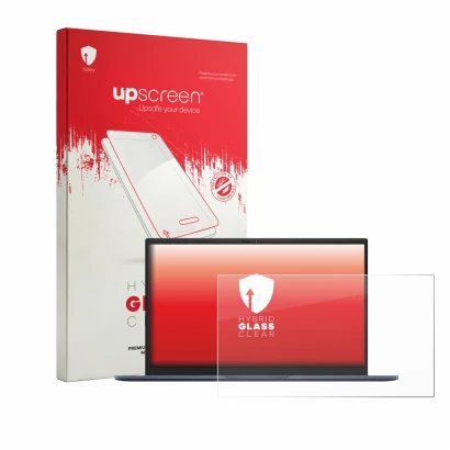 Face avant d’un emballage produit avec le logo de la marque upscreen. À côté, l’appareil ASUS Vivobook 15 F1504 est représenté