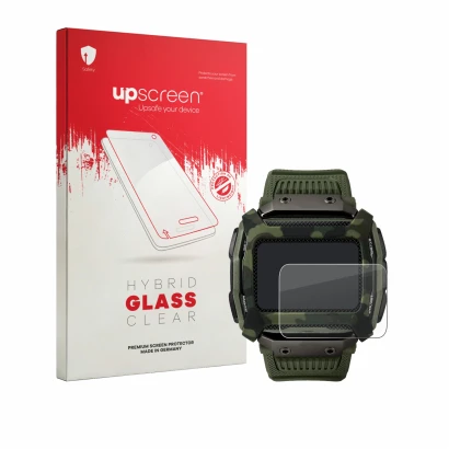 Face avant d’un emballage produit avec le logo de la marque upscreen. À côté, l’appareil Timex Command Shock est représenté av
