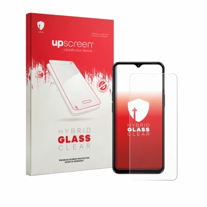 Face avant d’un emballage produit avec le logo de la marque upscreen. À côté, l’appareil Blackview Wave 7C est représenté avec