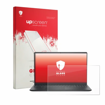 Face avant d’un emballage produit avec le logo de la marque upscreen. À côté, l’appareil Dell Pro 15 Essential PV15250 est rep