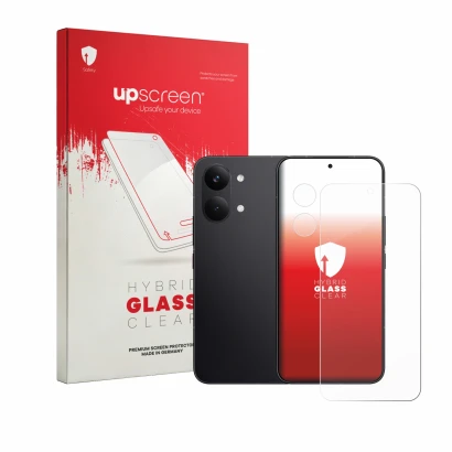 Face avant d’un emballage produit avec le logo de la marque upscreen. À côté, l’appareil Xiaomi Poco X8 Pro Max (Avant+Caméra)
