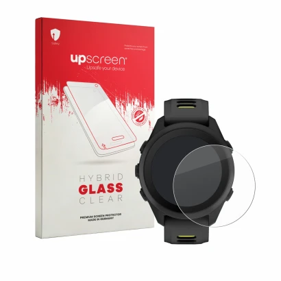 Face avant d’un emballage produit avec le logo de la marque upscreen. À côté, l’appareil Garmin Forerunner 170 est représenté
