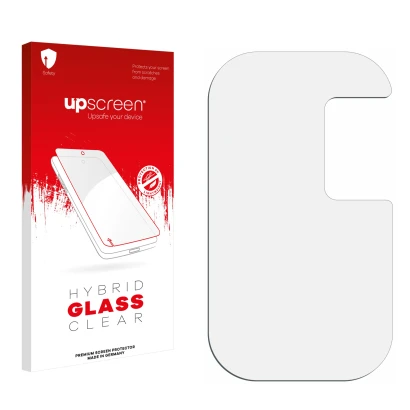 Face avant d’un emballage produit avec le logo de la marque upscreen. À côté se trouve la protection d’écran correspondante.