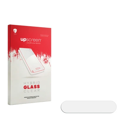 Face avant d’un emballage produit avec le logo de la marque upscreen. À côté se trouve la protection d’écran correspondante.