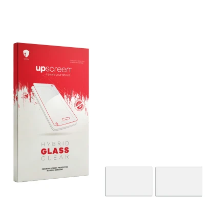 Face avant d’un emballage produit avec le logo de la marque upscreen. À côté se trouve la protection d’écran correspondante.