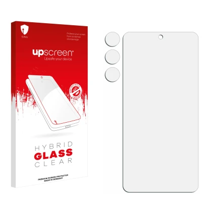 Face avant d’un emballage produit avec le logo de la marque upscreen. À côté se trouve la protection d’écran correspondante.